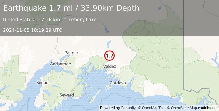 Earthquake 41 km N of Valdez, Alaska (1.7 ml) (2024-11-05 18:19:29 UTC)