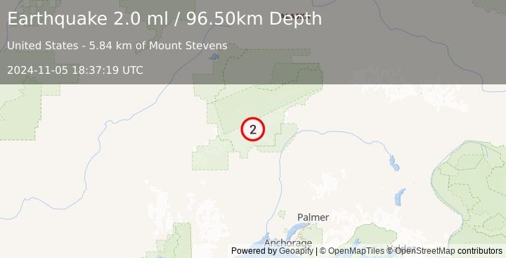 Earthquake 44 km NNW of Petersville, Alaska (2.0 ml) (2024-11-05 18:37:19 UTC)