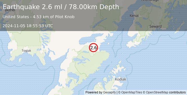 Earthquake 27 km S of Kokhanok, Alaska (2.6 ml) (2024-11-05 18:55:53 UTC)