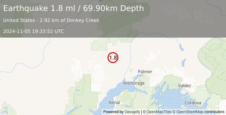 Earthquake 8 km NNE of Skwentna, Alaska (1.8 ml) (2024-11-05 19:33:52 UTC)