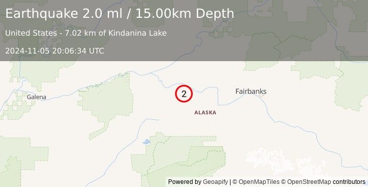 Earthquake 23 km S of Manley Hot Springs, Alaska (2.0 ml) (2024-11-05 20:06:34 UTC)