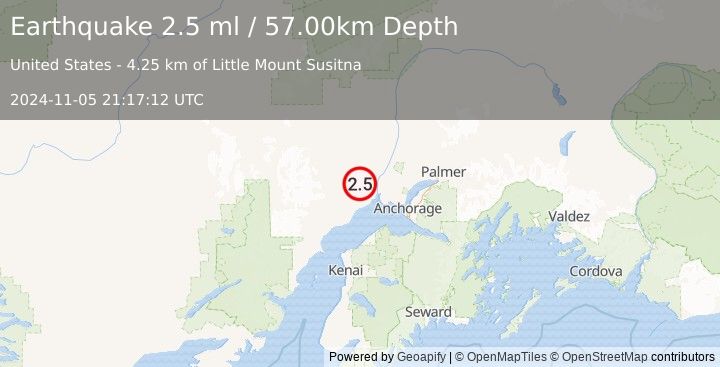 Earthquake 24 km WSW of Susitna, Alaska (2.5 ml) (2024-11-05 21:17:12 UTC)