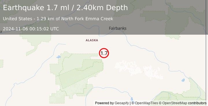 Earthquake 17 km E of Ferry, Alaska (1.7 ml) (2024-11-06 00:15:02 UTC)