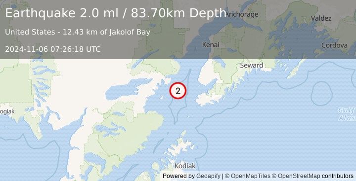 Earthquake 48 km WNW of Nanwalek, Alaska (2.0 ml) (2024-11-06 07:26:18 UTC)