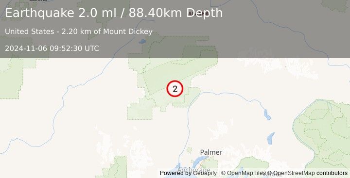 Earthquake 48 km N of Petersville, Alaska (2.0 ml) (2024-11-06 09:52:30 UTC)