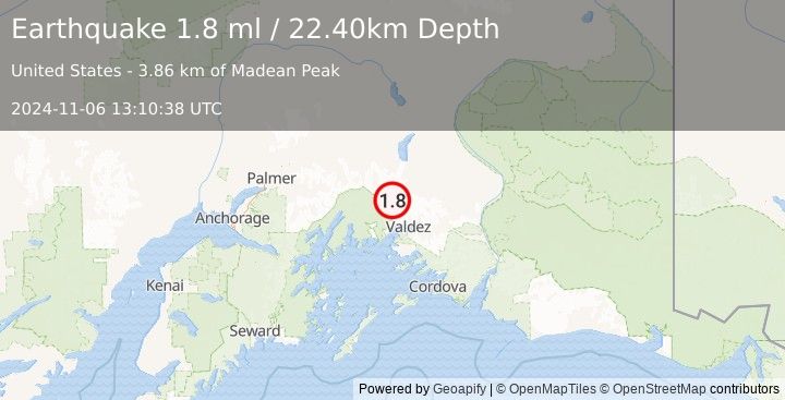 Earthquake 33 km NNW of Valdez, Alaska (1.8 ml) (2024-11-06 13:10:38 UTC)