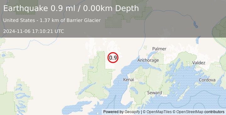 Earthquake 70 km WNW of Tyonek, Alaska (0.9 ml) (2024-11-06 17:10:21 UTC)