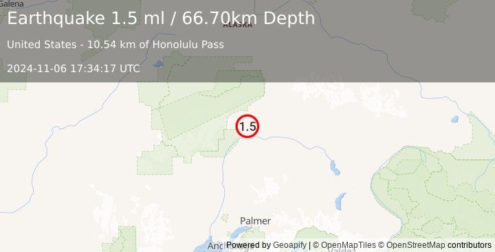 Earthquake 47 km SSW of Cantwell, Alaska (1.5 ml) (2024-11-06 17:34:17 UTC)