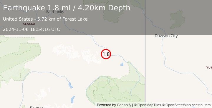 Earthquake 22 km SSE of Dot Lake Village, Alaska (1.8 ml) (2024-11-06 18:54:16 UTC)