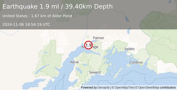 Earthquake 7 km SSW of Point MacKenzie, Alaska (1.9 ml) (2024-11-06 19:54:19 UTC)