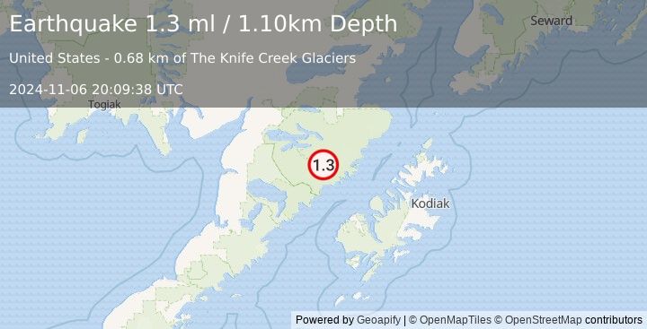 Earthquake 87 km NNW of Karluk, Alaska (1.3 ml) (2024-11-06 20:09:38 UTC)