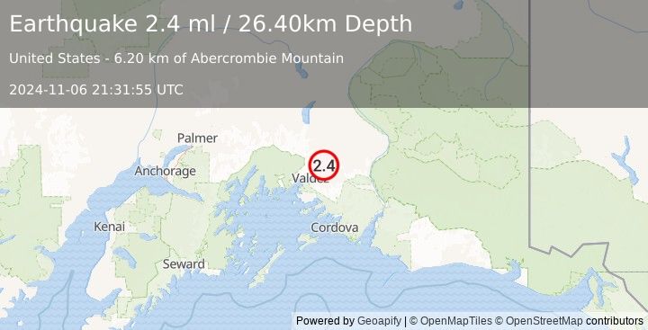 Earthquake 24 km NE of Valdez, Alaska (2.4 ml) (2024-11-06 21:31:55 UTC)