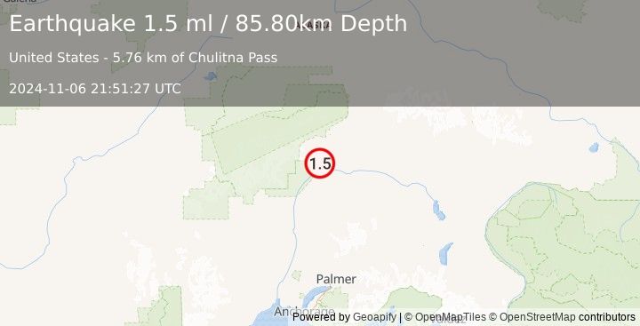 Earthquake 58 km SSW of Cantwell, Alaska (1.5 ml) (2024-11-06 21:51:27 UTC)