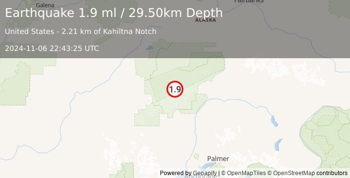 Earthquake 63 km SSE of Denali National Park, Alaska (1.9 ml) (2024-11-06 22:43:25 UTC)