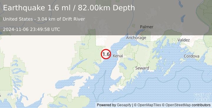 Earthquake 45 km W of Salamatof, Alaska (1.6 ml) (2024-11-06 23:49:58 UTC)