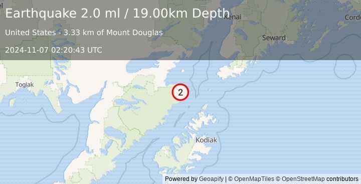 Earthquake 92 km SE of Pope-Vannoy Landing, Alaska (2.0 ml) (2024-11-07 02:20:43 UTC)