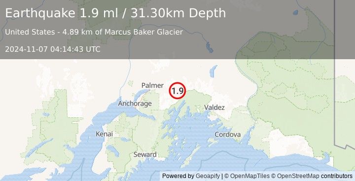 Earthquake 39 km SSW of Glacier View, Alaska (1.9 ml) (2024-11-07 04:14:43 UTC)