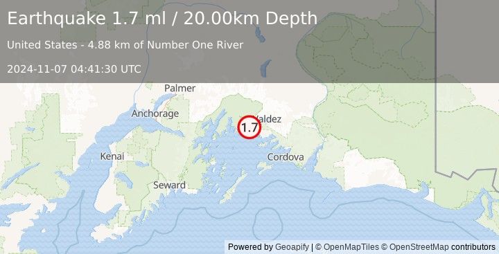 Earthquake 19 km NW of Tatitlek, Alaska (1.7 ml) (2024-11-07 04:41:30 UTC)