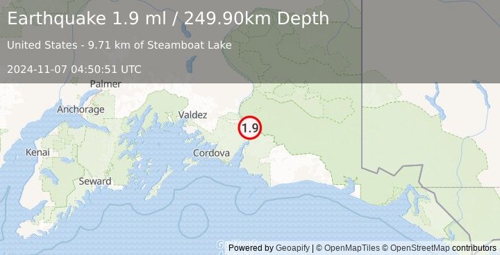 Earthquake 65 km S of Chitina, Alaska (1.9 ml) (2024-11-07 04:50:51 UTC)