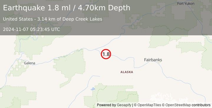 Earthquake 28 km W of Manley Hot Springs, Alaska (1.8 ml) (2024-11-07 05:23:45 UTC)