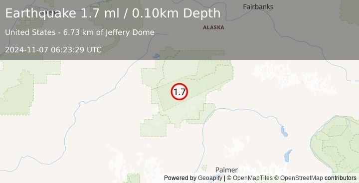 Earthquake 46 km SE of Denali National Park, Alaska (1.7 ml) (2024-11-07 06:23:29 UTC)