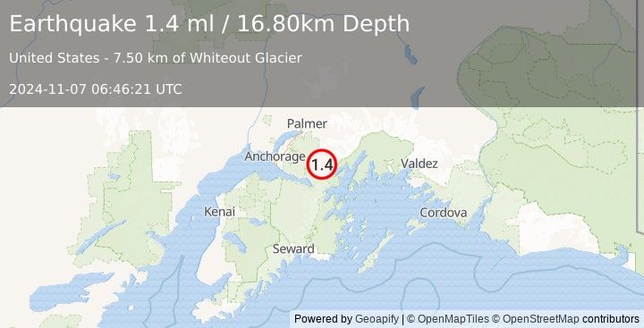 Earthquake 30 km NE of Girdwood, Alaska (1.4 ml) (2024-11-07 06:46:21 UTC)