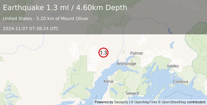 Earthquake 43 km SSW of Skwentna, Alaska (1.3 ml) (2024-11-07 07:38:24 UTC)