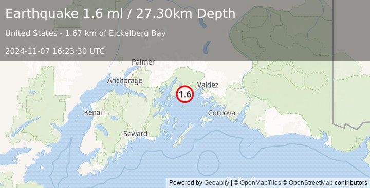 Earthquake 35 km WNW of Tatitlek, Alaska (1.6 ml) (2024-11-07 16:23:30 UTC)