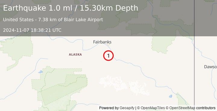 Earthquake 21 km SW of Salcha, Alaska (1.0 ml) (2024-11-07 18:38:21 UTC)