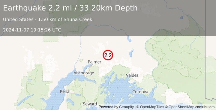 Earthquake 18 km ENE of Chickaloon, Alaska (2.2 ml) (2024-11-07 19:15:26 UTC)