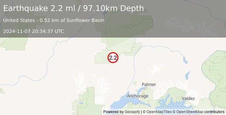 Earthquake 43 km W of Petersville, Alaska (2.2 ml) (2024-11-07 20:34:37 UTC)