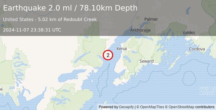 Earthquake 44 km NW of Ninilchik, Alaska (2.0 ml) (2024-11-07 23:38:31 UTC)