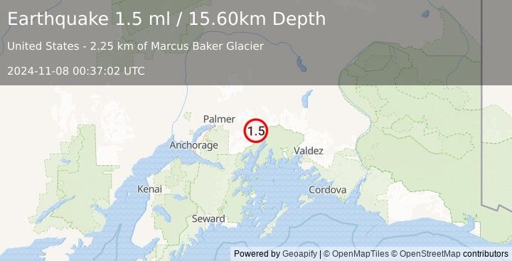 Earthquake 45 km SSW of Glacier View, Alaska (1.5 ml) (2024-11-08 00:37:02 UTC)