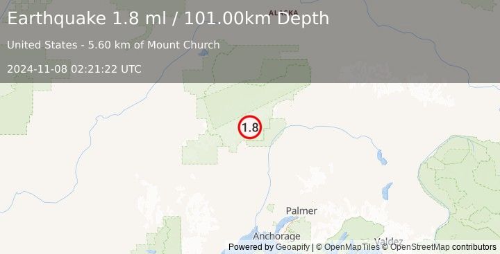 Earthquake 37 km N of Petersville, Alaska (1.8 ml) (2024-11-08 02:21:22 UTC)