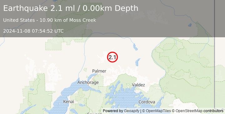 Earthquake 33 km NNE of Chickaloon, Alaska (2.1 ml) (2024-11-08 07:54:52 UTC)