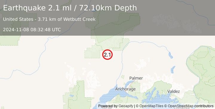 Earthquake 24 km WSW of Petersville, Alaska (2.1 ml) (2024-11-08 08:32:48 UTC)