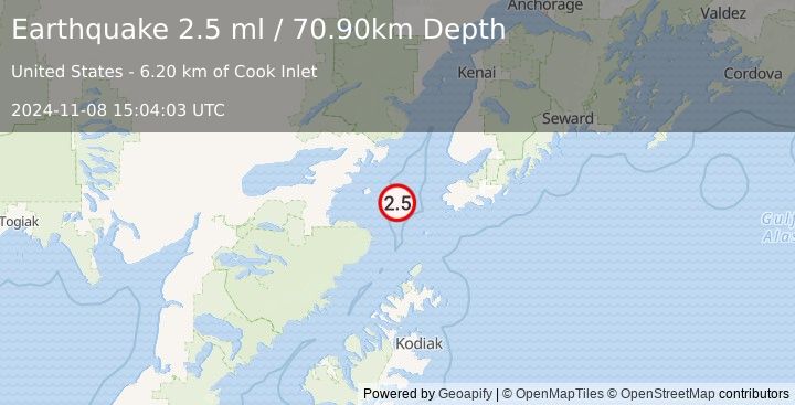 Earthquake 53 km WSW of Nanwalek, Alaska (2.5 ml) (2024-11-08 15:04:03 UTC)