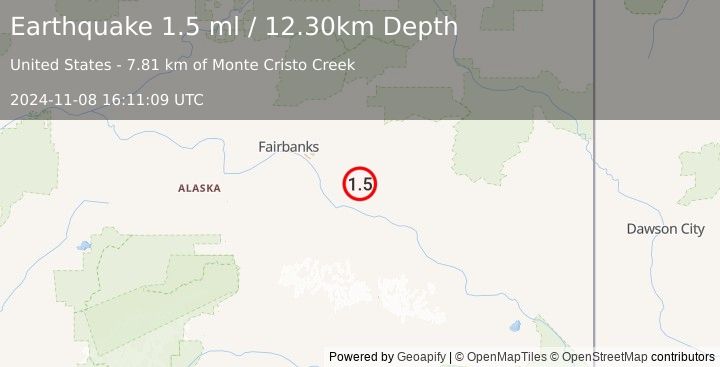 Earthquake 25 km ENE of Harding-Birch Lakes, Alaska (1.5 ml) (2024-11-08 16:11:09 UTC)