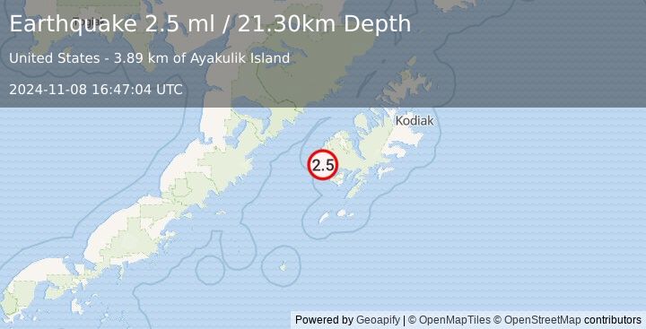 Earthquake 40 km NW of Akhiok, Alaska (2.5 ml) (2024-11-08 16:47:04 UTC)