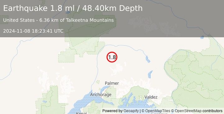 Earthquake 51 km NE of Susitna North, Alaska (1.8 ml) (2024-11-08 18:23:41 UTC)