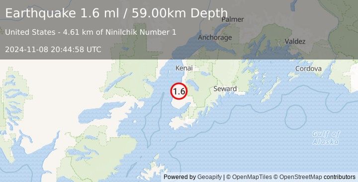 Earthquake 10 km E of Ninilchik, Alaska (1.6 ml) (2024-11-08 20:44:58 UTC)