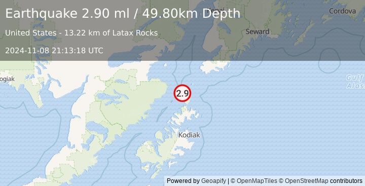 Earthquake 77 km N of Aleneva, Alaska (2.9 ml) (2024-11-08 21:13:18 UTC)