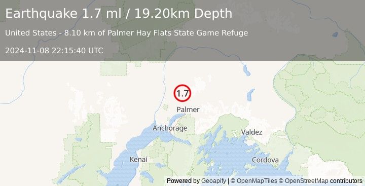 Earthquake 22 km NNW of Fishhook, Alaska (1.7 ml) (2024-11-08 22:15:40 UTC)