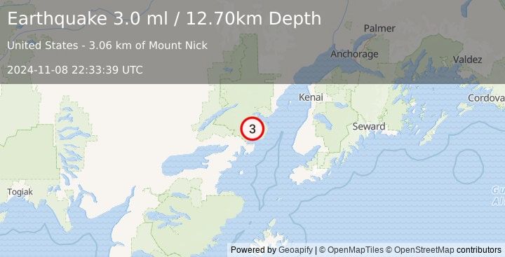 Earthquake 64 km ENE of Pedro Bay, Alaska (3.0 ml) (2024-11-08 22:33:39 UTC)