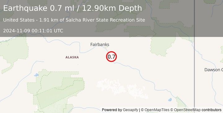 Earthquake 6 km S of Salcha, Alaska (0.7 ml) (2024-11-09 00:11:01 UTC)