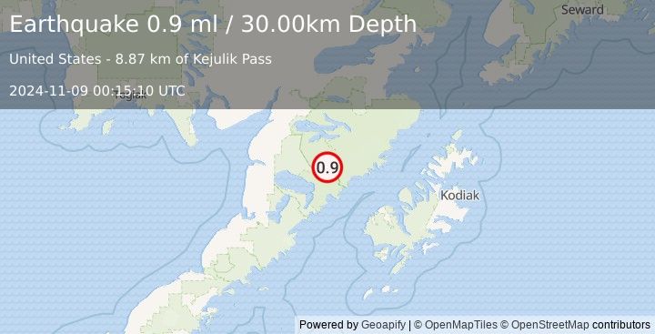 Earthquake 86 km SE of King Salmon, Alaska (0.9 ml) (2024-11-09 00:15:10 UTC)