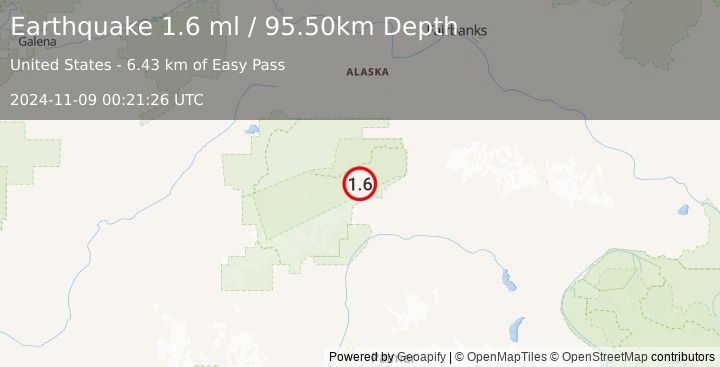 Earthquake 44 km W of Cantwell, Alaska (1.6 ml) (2024-11-09 00:21:26 UTC)