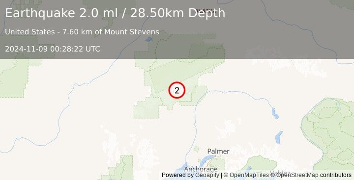 Earthquake 43 km NNW of Petersville, Alaska (2.0 ml) (2024-11-09 00:28:22 UTC)