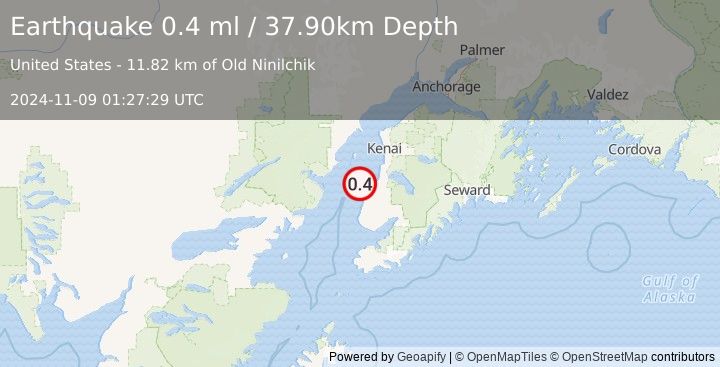 Earthquake 14 km NNW of Ninilchik, Alaska (0.4 ml) (2024-11-09 01:27:29 UTC)