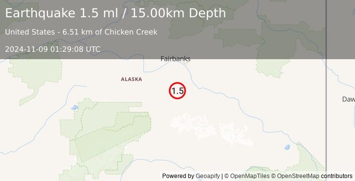 Earthquake 48 km SW of Salcha, Alaska (1.5 ml) (2024-11-09 01:29:08 UTC)